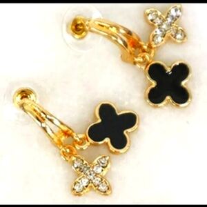 NEW Black and Gold 4 Leaf Clover Enamel Drop Earrings with Pave Cubic Zirconia